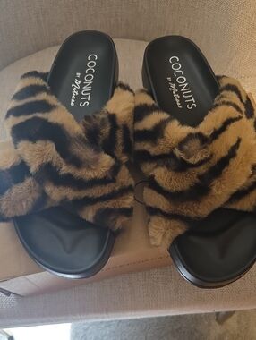 Coconuts by Matisse Tiger-Print Faux Fur Slide Sandals in Brown and Black